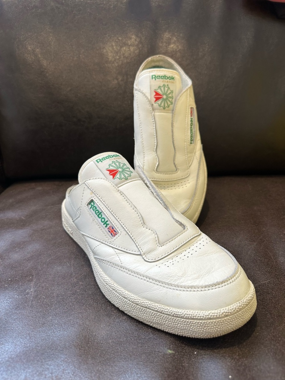 Reebok White Slip-On Mules with Green & Red Logo Accents 9.5